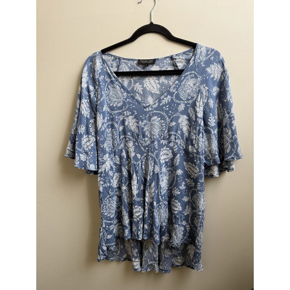Rachel Zoe Boho Top Blouse Blue Floral Print V Neck High/low Bell Sleeve Size L